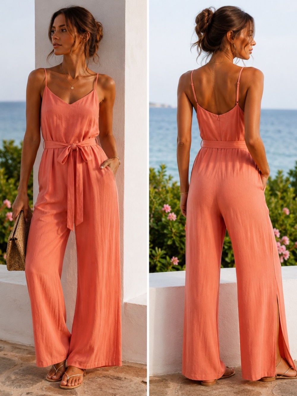 She + Sky Coral Spaghetti-Strap Wide-Leg Jumpsuit with Tie Waist